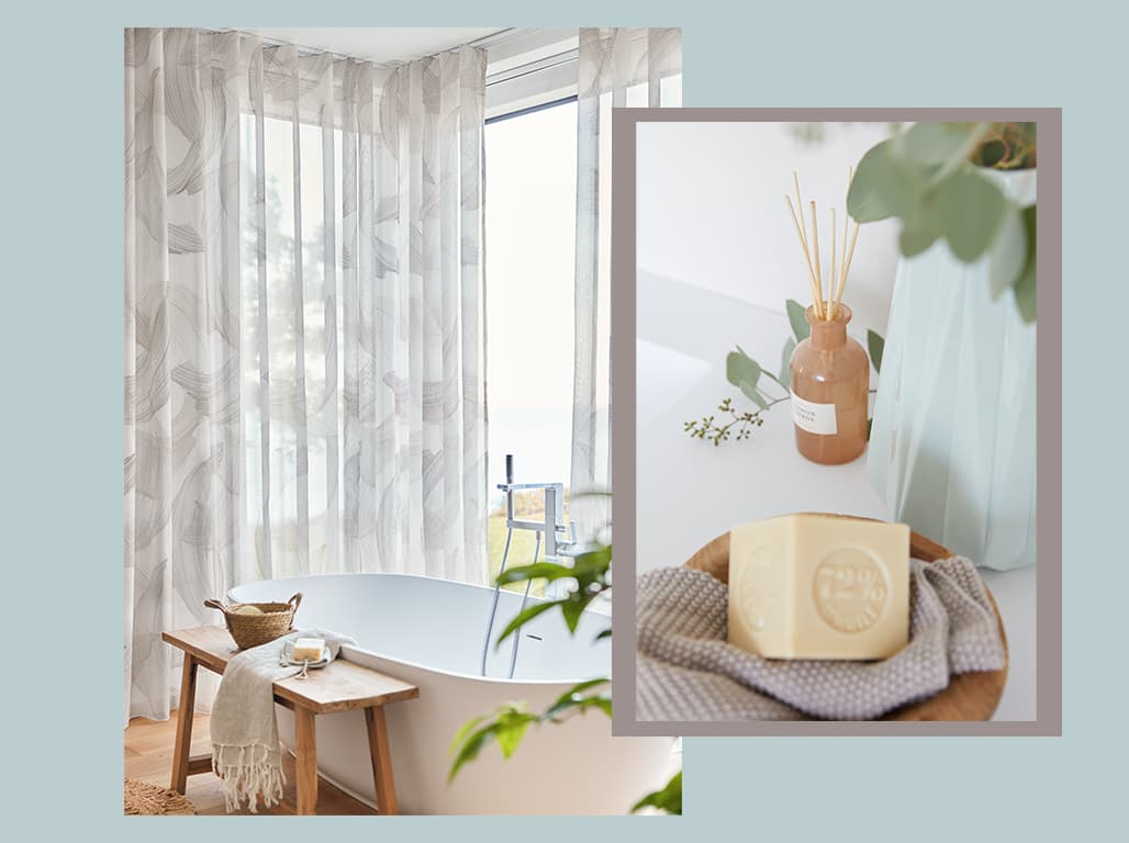 Badewanne vor weißem Inbetween an den Fenstern