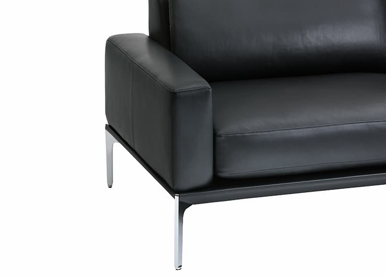 Nahaufnahme einer schwarzen schmalen Amrlehne eines Ledersofas.