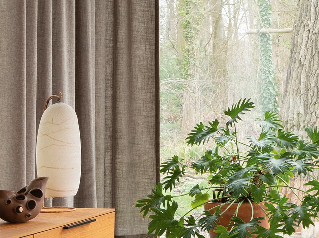 Brauner Vorhang am Fenster, ein Sidebord und eine Zimmerpflanze.