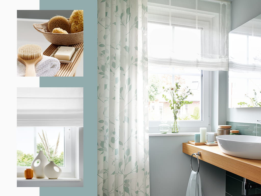 Badezimmer mit Gardine mit floralem Muster