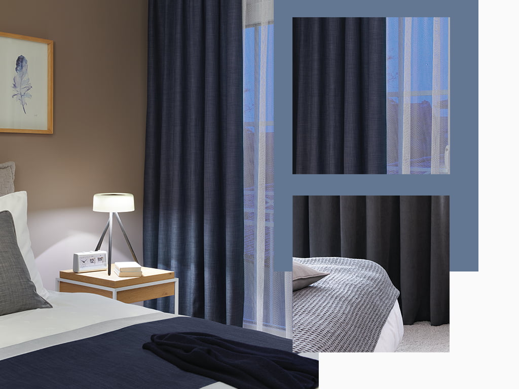 Schlafzimmer mit blauem Vorhang