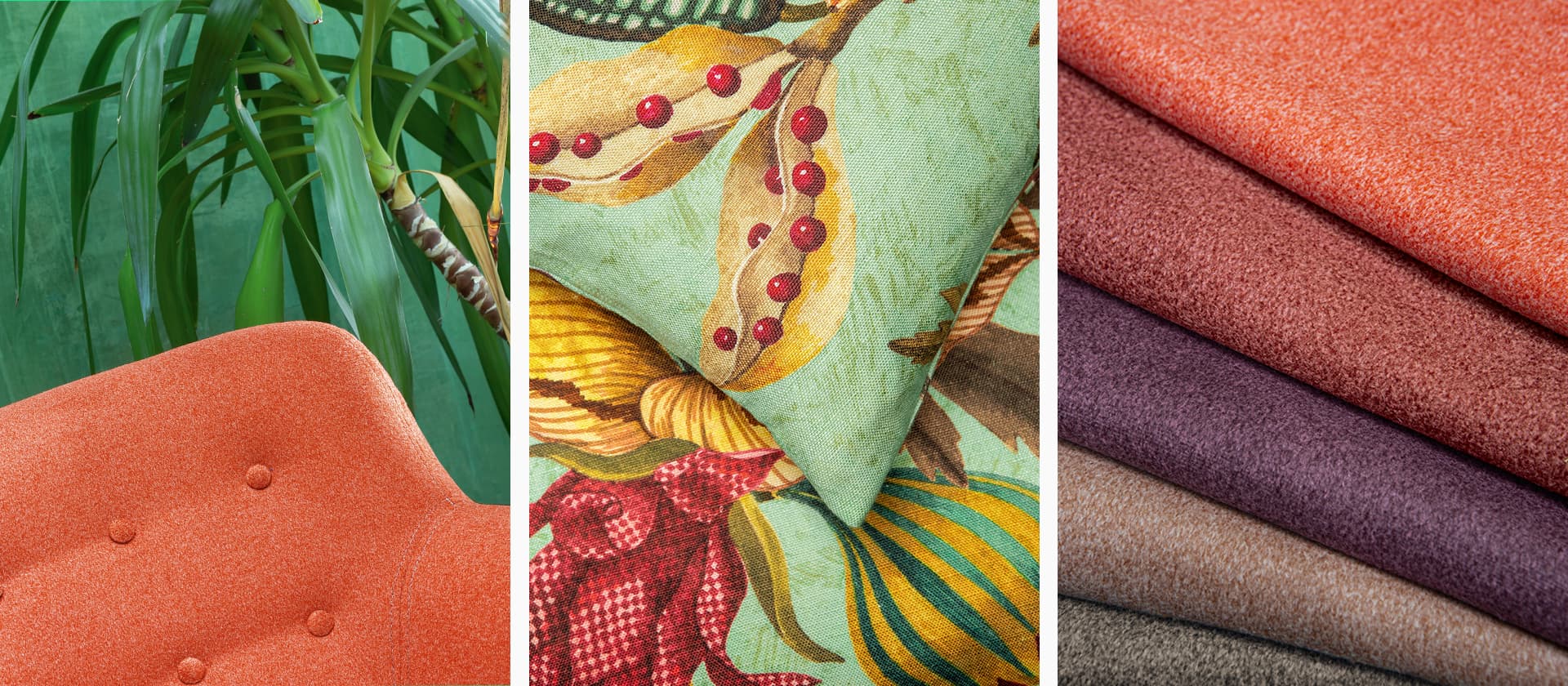 Die Bildcollage zeigt Detailaufnahmen verschiedener Stoffe, darunter die orangefarbene Lehne eines Sofas, einen floralen bedruckten Stoff und einen aufgefächerten Stoffstapel. Sie präsentiert eine lebhafte Vielfalt an Farben.