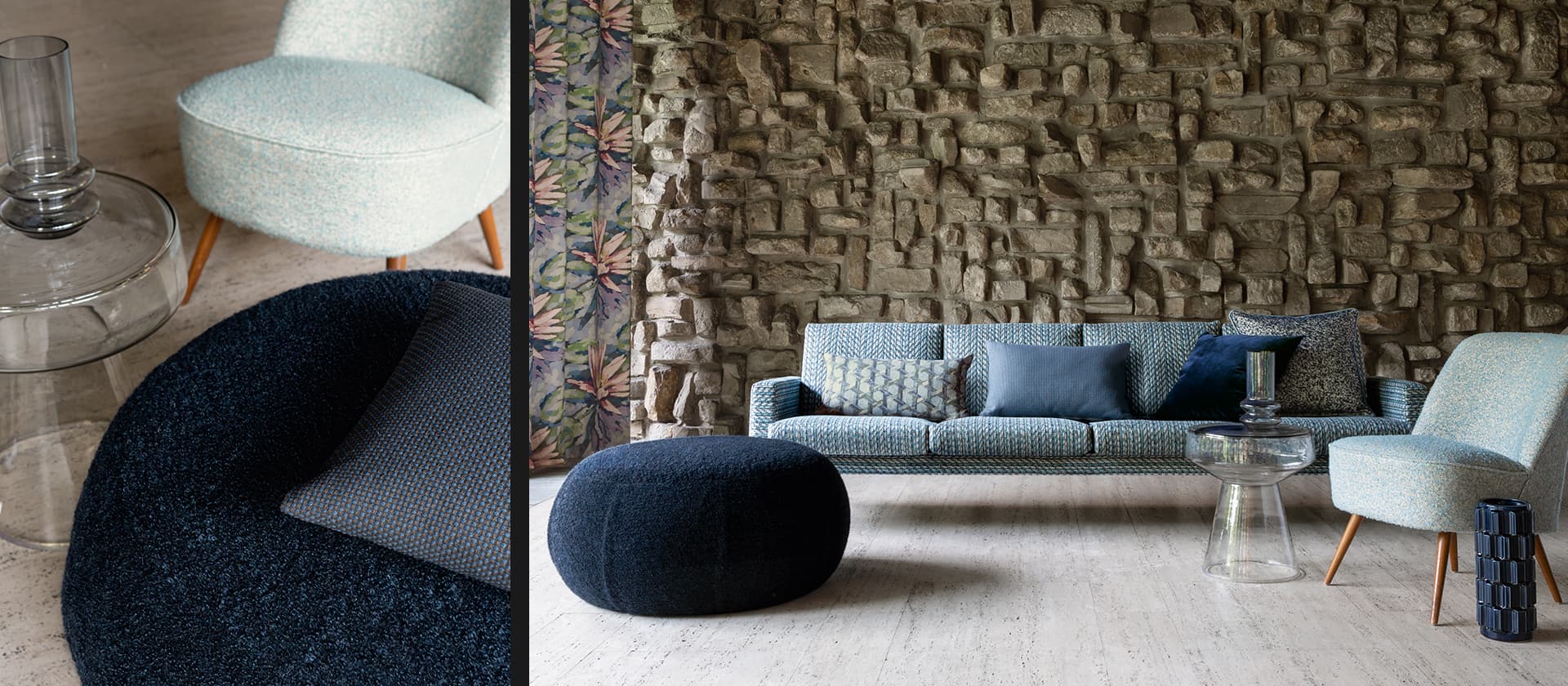 Die Bildcollage zeigt rechts einen Wohnbereich mit einer floralen Gardine, einem blauen Sofa mit Kissen, einem Stuhl und einem Tischhocker vor einer rustikalen Steinwand. Links ist eine Nahaufnahme des Stuhls und des Hockers zu sehen.