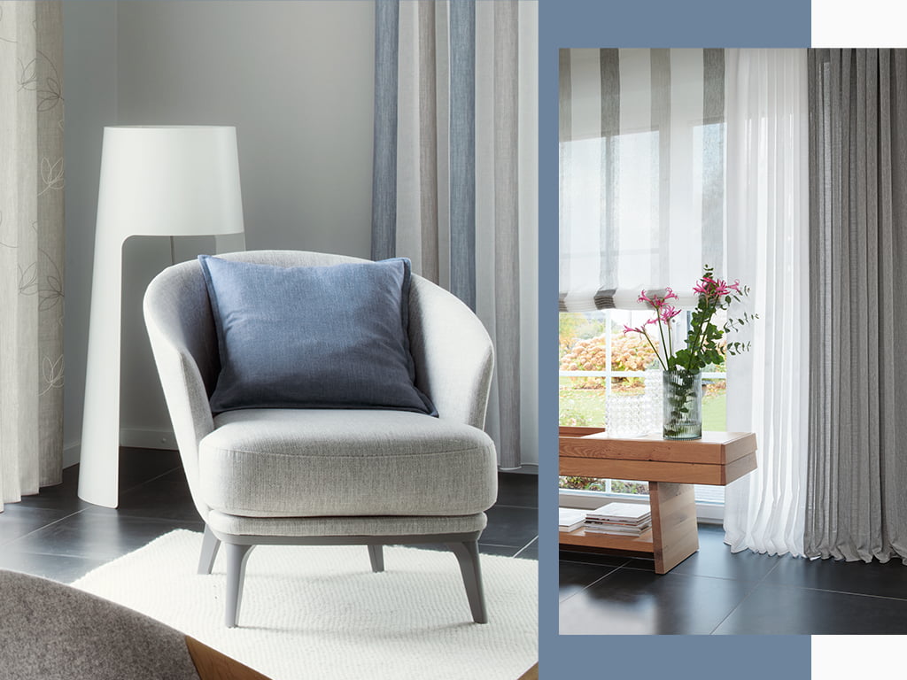 Wohnzimmer mit Vorhängen in blau und grau
