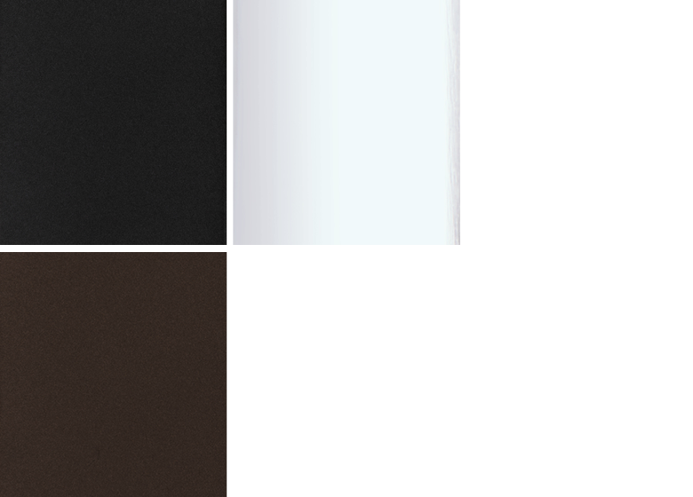 Oberflächenvarianten für Sesselfüße. Chrom, Schwarz matt und Bronze matt