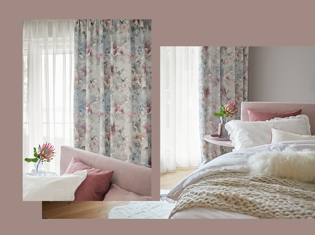Gardine mit floralem Muster im Schlafzimmer